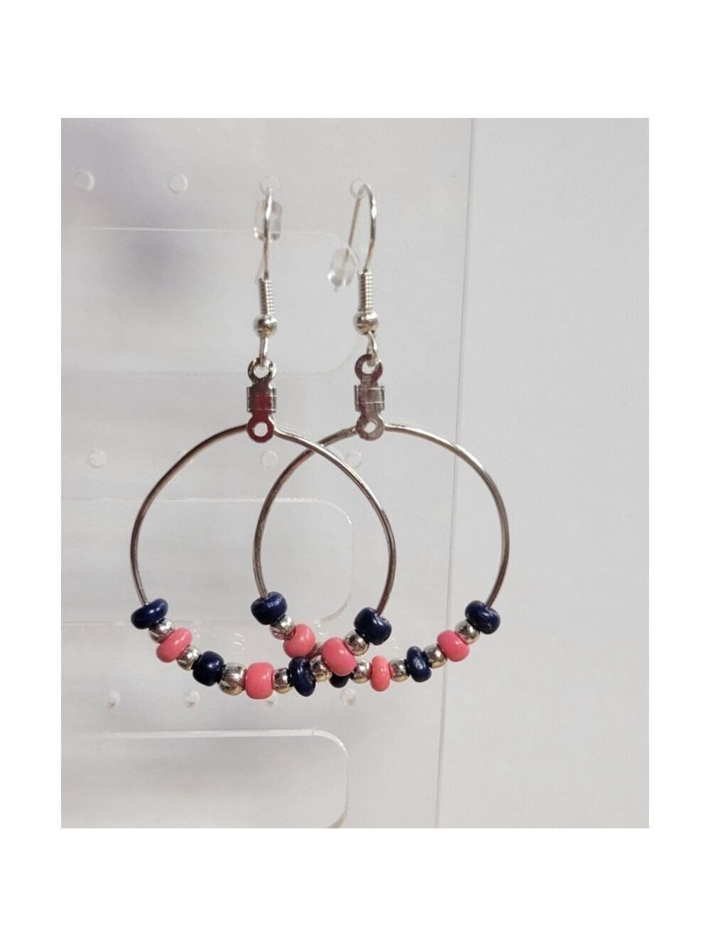 Handmade Blue Pink Glass Bead Hoop Earrings